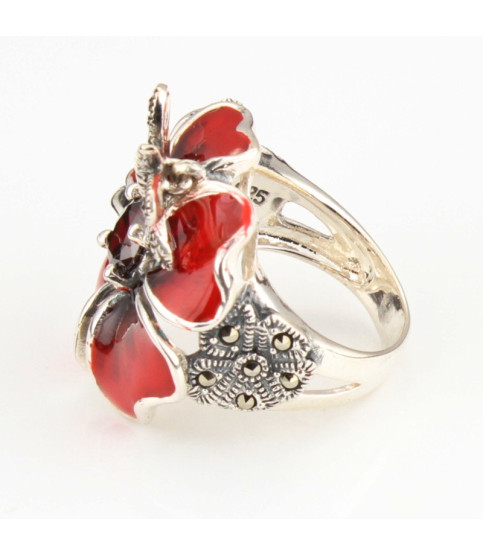 Anillo esmalte plata rojo flor